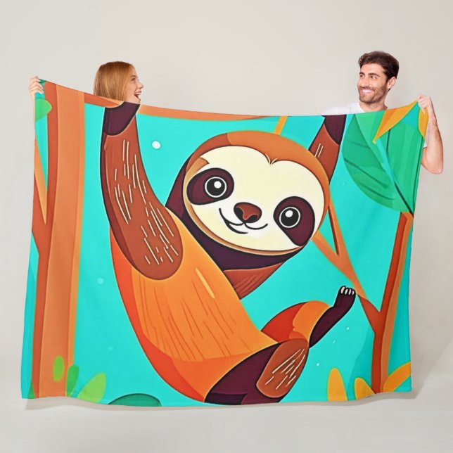 Cute Sloth Hanging in Jungle Fleecefilt (På plats)