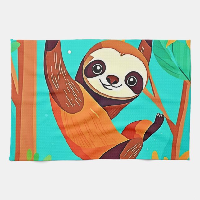 Cute Sloth Hanging in Jungle Kökshandduk (Horisontell)