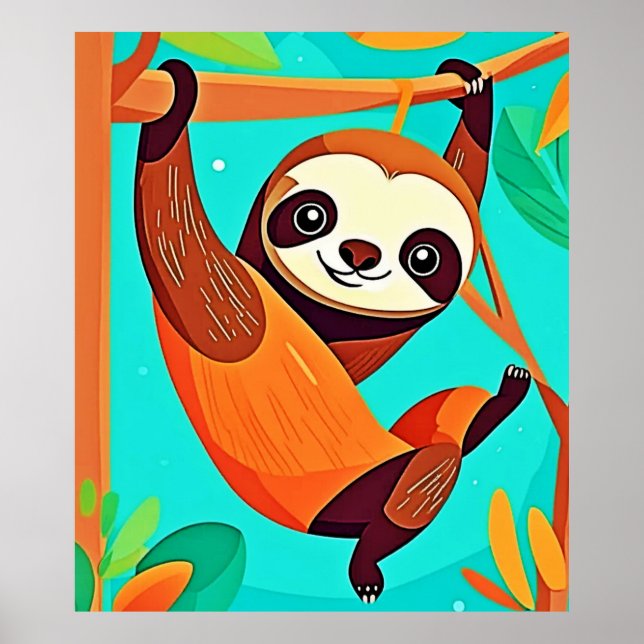 Cute Sloth Hanging in Jungle Poster (Framsidan)