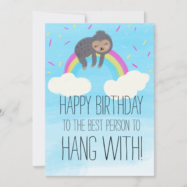 Cute Sloth Hanging on Rainbow Birthday Friend Kort (Framsida)