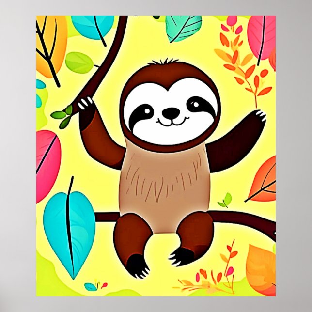 Cute Sloth Hanging på Träd Gren Poster (Framsidan)