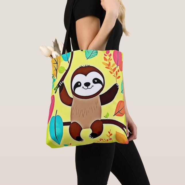 Cute Sloth Hanging på Träd Gren Tygkasse (Närbild)