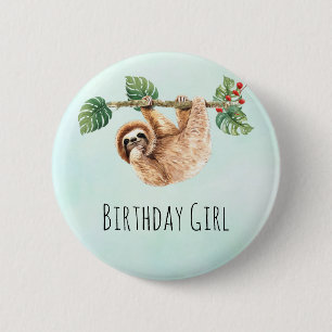 Cute Sloth Hanging upp och ned på Birthday Girl Knapp