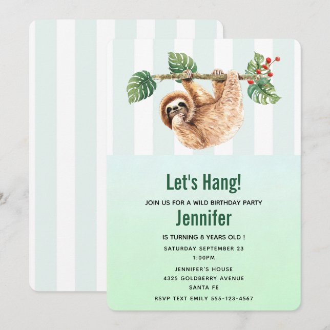 Cute Sloth Hanging upp och ned, vattenfärgsfödelse Inbjudningar (Fram/baksida)