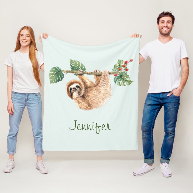 Cute Sloth Hanging uppåt och nedåt vattenfärg Fleecefilt (På plats)