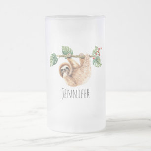 Cute Sloth Hanging uppåt och nedåt vattenfärg Frostat Ölglas