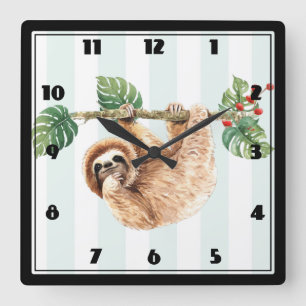 Cute Sloth Hanging uppåt och nedåt vattenfärg Fyrkantig Klocka