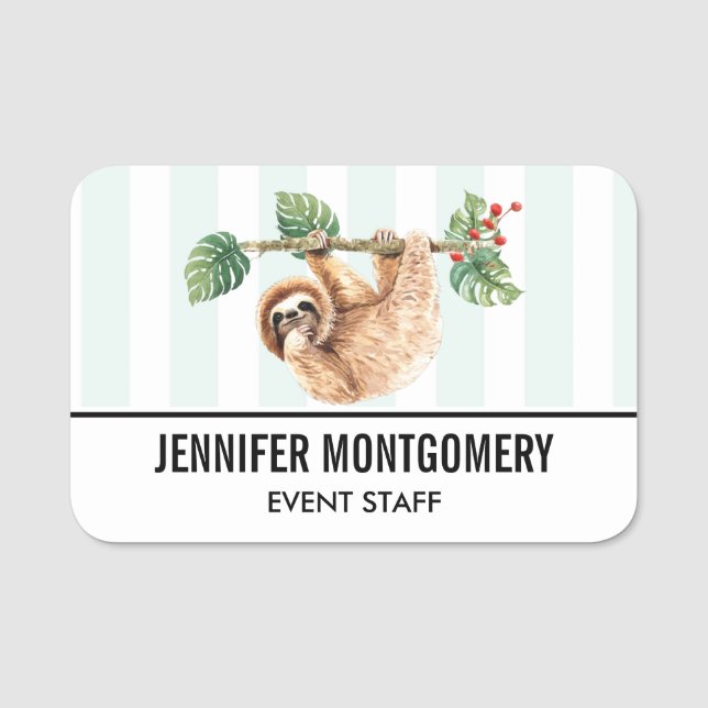 Cute Sloth Hanging uppåt och nedåt vattenfärg Namnbricka (Framsida)