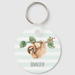 Cute Sloth Hanging uppåt och nedåt vattenfärg Nyckelring