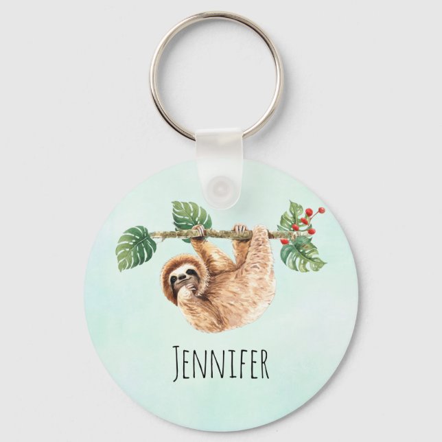 Cute Sloth Hanging uppåt och nedåt vattenfärg Nyckelring (Framsida)