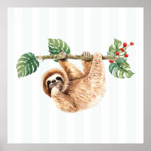 Cute Sloth Hanging uppåt och nedåt vattenfärg Poster