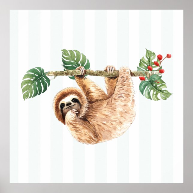 Cute Sloth Hanging uppåt och nedåt vattenfärg Poster (Framsidan)