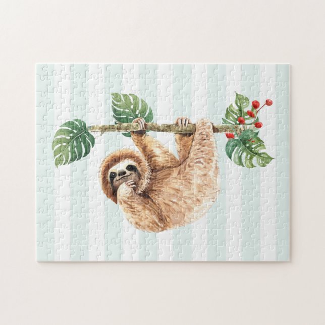 Cute Sloth Hanging uppåt och nedåt vattenfärg Pussel (Horisontell)