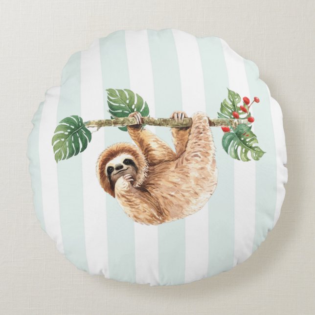Cute Sloth Hanging uppåt och nedåt vattenfärg Rund Kudde (Framsidan)