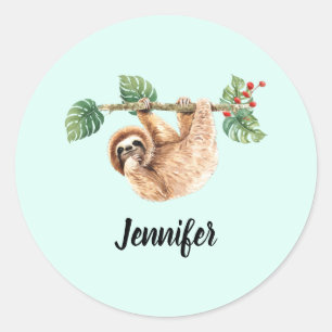 Cute Sloth Hanging uppåt och nedåt vattenfärg Runt Klistermärke