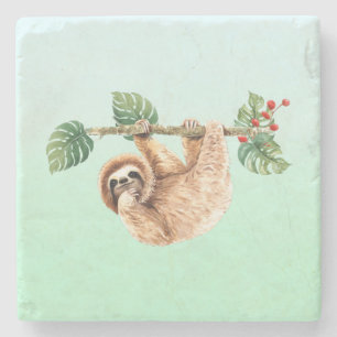 Cute Sloth Hanging uppåt och nedåt vattenfärg Stenunderlägg