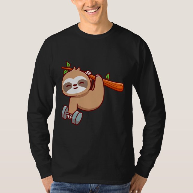 Cute Sloth Holding Dumbbell T Shirt (Framsida)