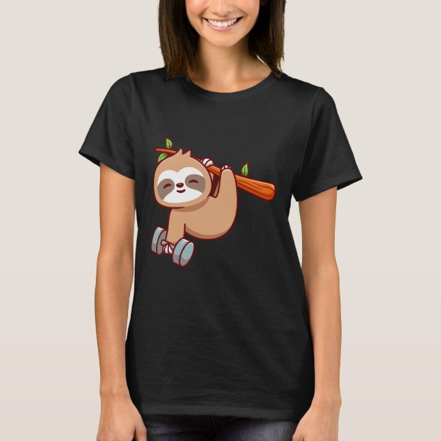 Cute Sloth Holding Dumbbell T Shirt (Framsida)