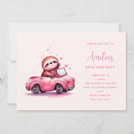 Cute Sloth in a Pink Convertible  Birthday Inbjudningar