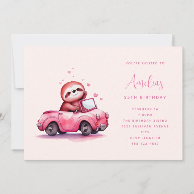 Cute Sloth in a Pink Convertible  Birthday Inbjudningar (Framsida)