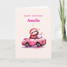 Cute Sloth in a Pink Convertible Birthday Kort