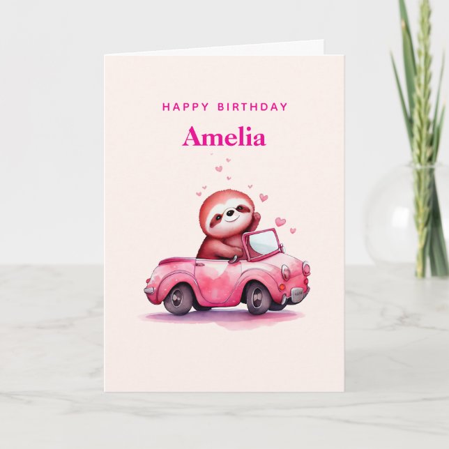 Cute Sloth in a Pink Convertible Birthday Kort (Framsida)
