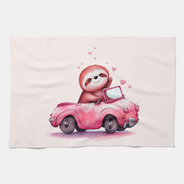 Cute Sloth in a Pink Convertible Kökshandduk (Horisontell)