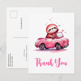 Cute Sloth in a Pink Convertible Thank You Vykort