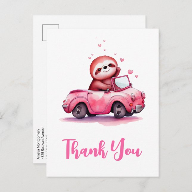 Cute Sloth in a Pink Convertible Thank You Vykort (Fram/baksida)