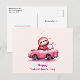 Cute Sloth in a Pink Convertible Valentine's Day Helg Vykort