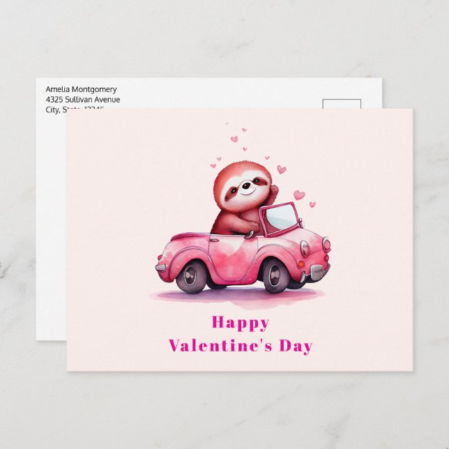 Cute Sloth in a Pink Convertible Valentine's Day Helg Vykort (Fram/baksida)