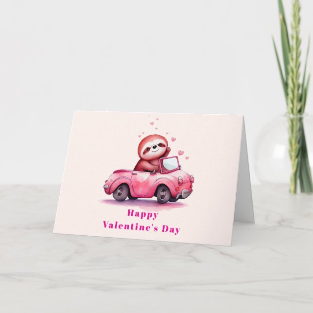 Cute Sloth in a Pink Convertible Valentine's Day Helgkort (Framsida)