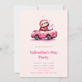 Cute Sloth in a Pink Convertible Valentine's Day Inbjudningar