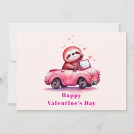 Cute Sloth in a Pink Convertible Valentine's Day Julkort