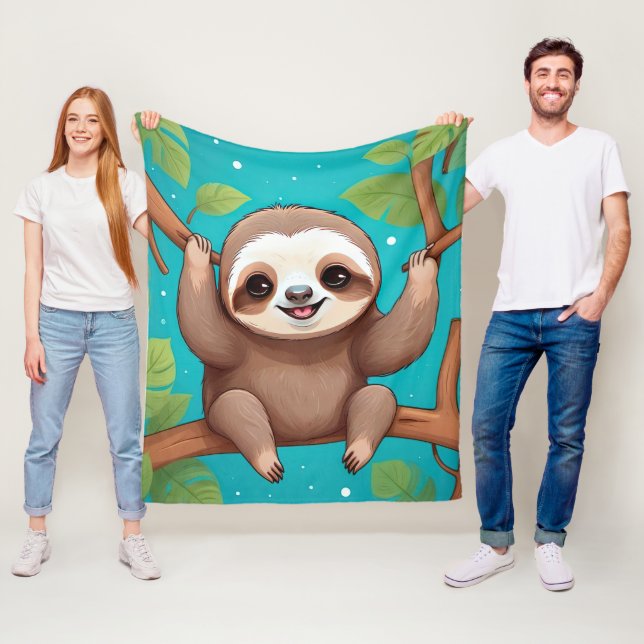 Cute sloth in a tree illustration fleecefilt (På plats)