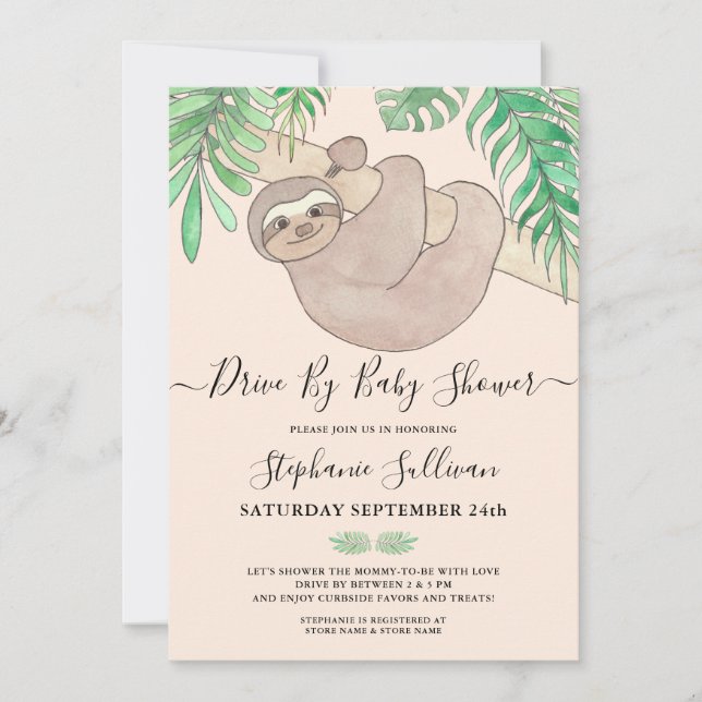 Cute Sloth Jungle Animal Drive by Baby Shower Inbjudningar (Framsida)