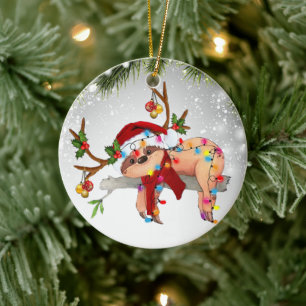 Cute Sloth Jungle Wildlife Animal Santa Hat Julgransprydnad Keramik