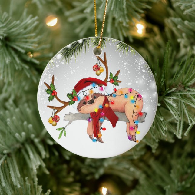 Cute Sloth Jungle Wildlife Animal Santa Hat Julgransprydnad Keramik (Träd)
