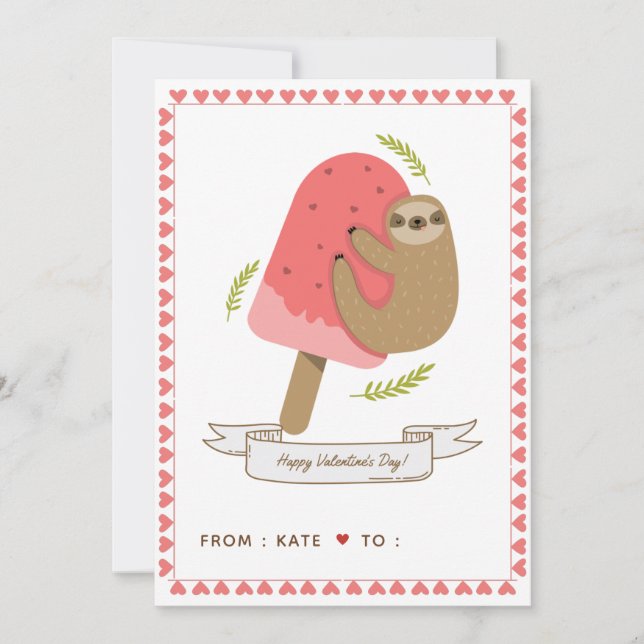 Cute Sloth Kids School Friend Valentine Day Rosa Julkort (Framsida)