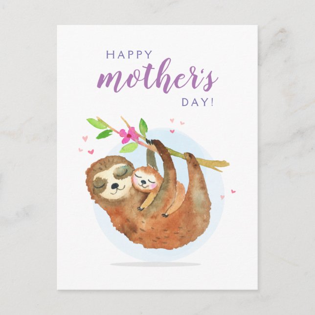 Cute Sloth Mamma Baby Lycklig Mors dag Vykort (Framsida)