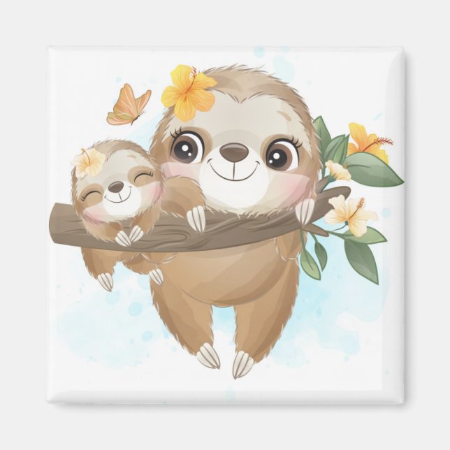 Cute Sloth med baby Magnet (Framsidan)