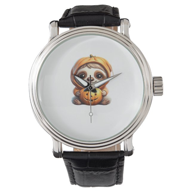 Cute Sloth med Pumpkin Halloween Tecknad Vector I Armbandsur (Framsida)