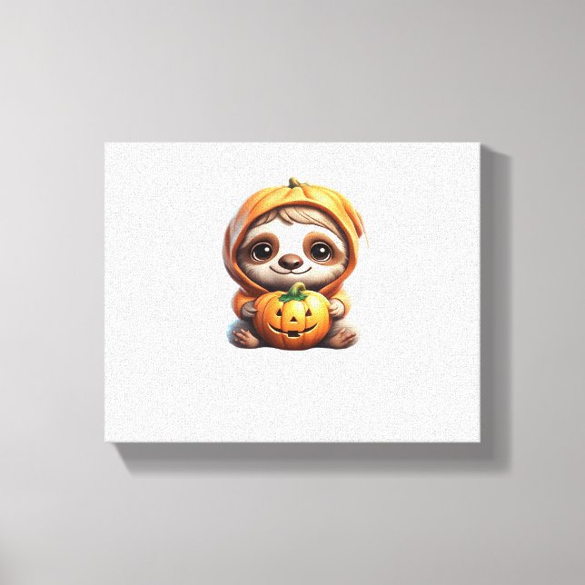 Cute Sloth med Pumpkin Halloween Tecknad Vector I Canvastryck (Framsida)