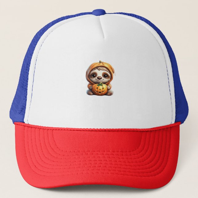 Cute Sloth med Pumpkin Halloween Tecknad Vector I Keps (Framsida)