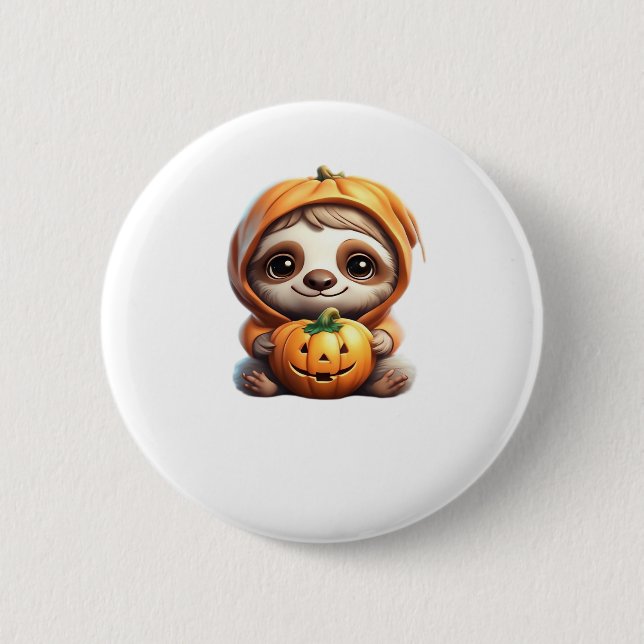 Cute Sloth med Pumpkin Halloween Tecknad Vector I Knapp (Framsida)