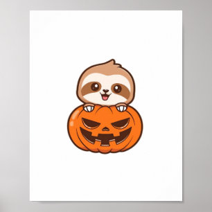 Cute Sloth med Pumpkin Halloween Tecknad Vector I Poster