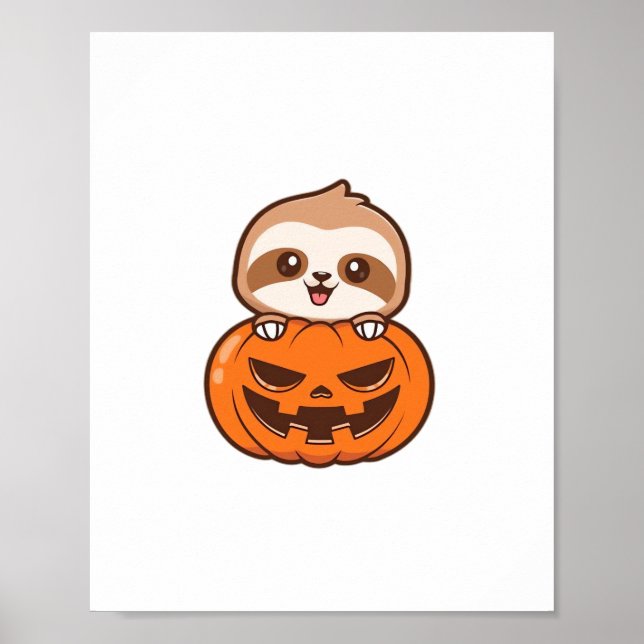 Cute Sloth med Pumpkin Halloween Tecknad Vector I Poster (Framsidan)