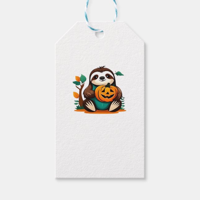 Cute Sloth med Pumpkin Halloween Tecknad Vector I Presentetikett (Framsidan)