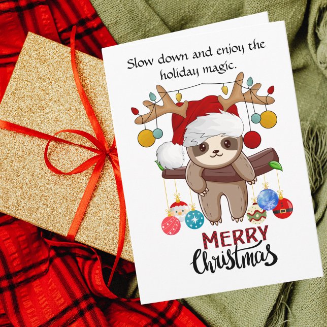 Cute Sloth med Santa Hat, jul Ljus och Bollar Helgkort (Skapare uppladdad)