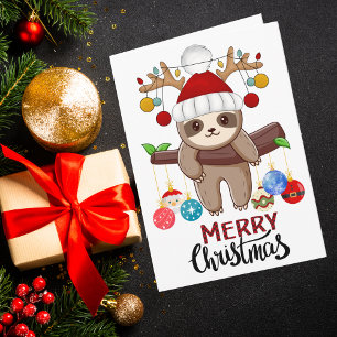 Cute Sloth med Santa Hat, jul Ljus och Bollar Helgkort